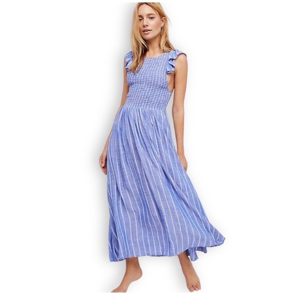 Free People Butterflies Boho Preppy Coastal Chambray Fairy Maxi Dress S